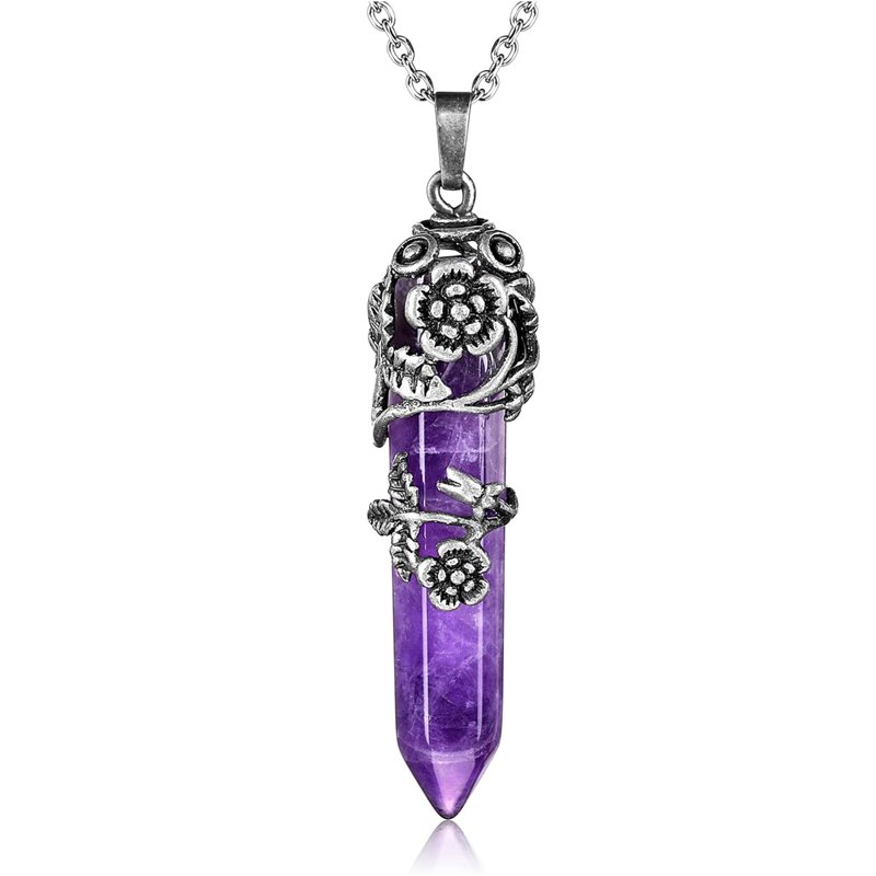 Antique Silver Flower Wrapped Natural Amethyst Healing Crystal Necklace