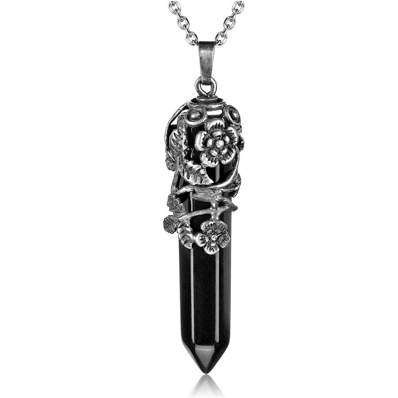 Antique Silver Flower Wrapped Natural Black Agate Healing Crystal Necklace-1