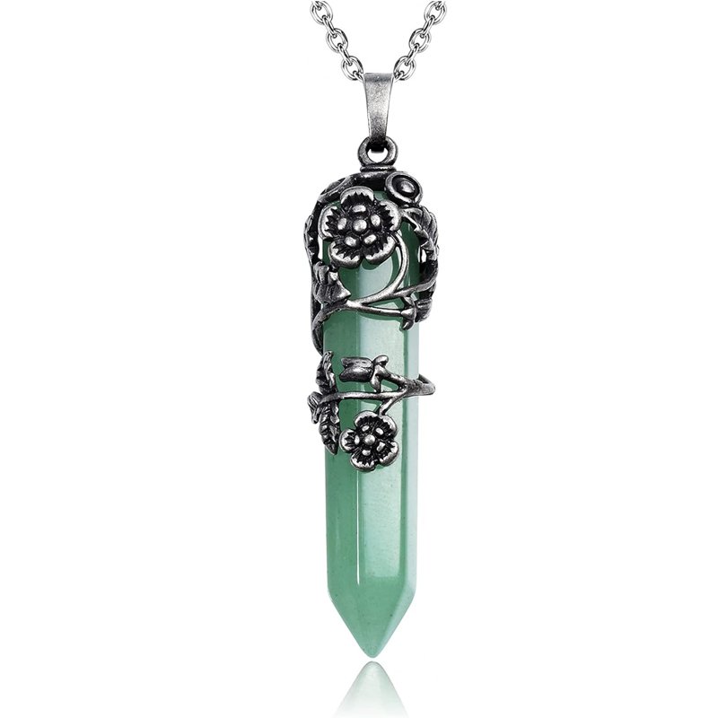 Antique Silver Flower Wrapped Natural Green Aventurine Healing Crystal Necklace