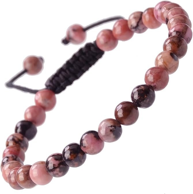 Natural Pink Black Rhodonite Healing Power Gemstone Crystal Bead Adjustable Bracelet