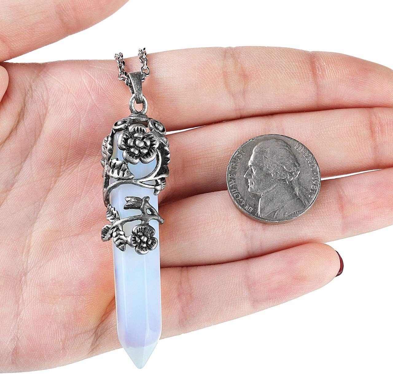 Antique Silver Flower Wrapped Synthetic Opalite Healing Crystal Necklace-1