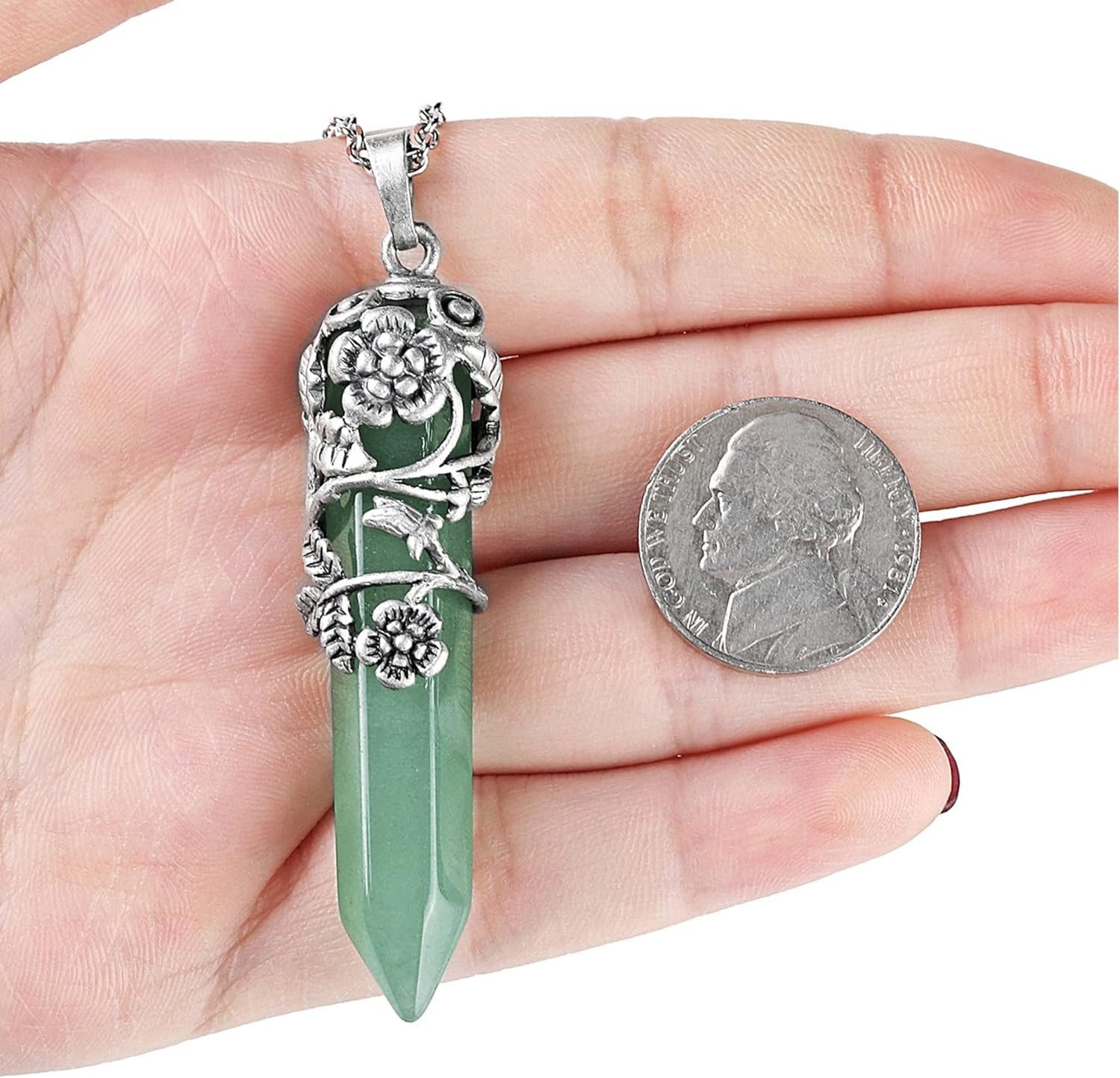 Antique Silver Flower Wrapped Natural Green Aventurine Healing Crystal Necklace-1